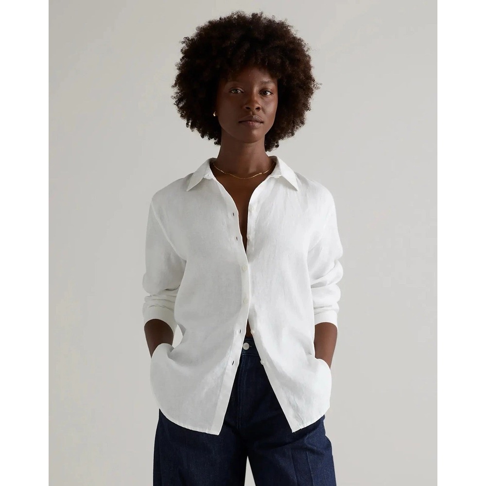 Quince 100% European Linen Long Sleeve Shirt White Sz M Minimalist Capsule Basic